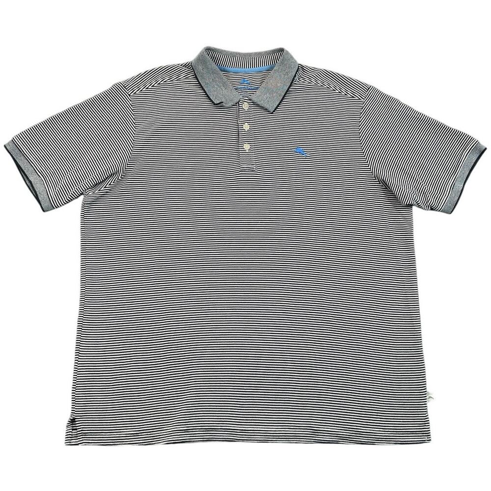 Tommy Bahama Supima Cotton Striped Polo Shirt Black White Blue Logo XL